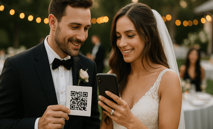 Bride and groom scan a QR code together at their wedding, smiling as they look at the phone during an outdoor reception