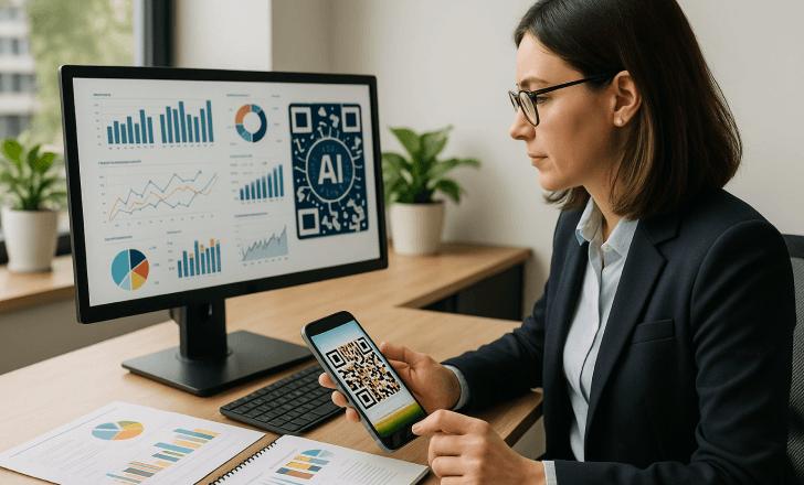 Businesswoman integrating AI and QR codes using data analytics dashboard