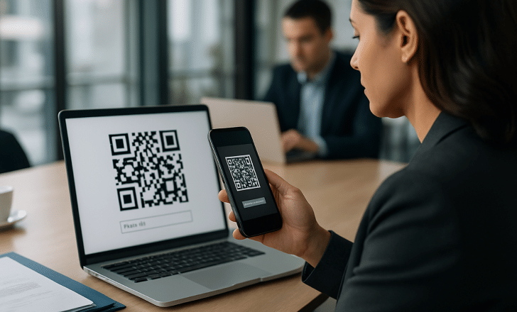 Businesswoman scanning a password-protected QR code on a laptop screen