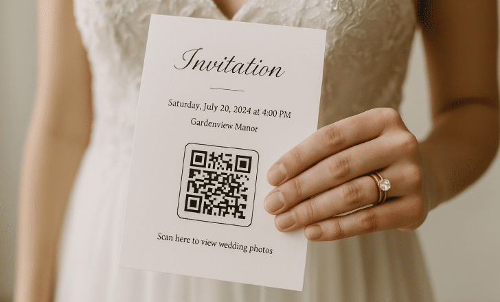 Close-up of a bride holding a printed wedding invitation featuring a QR code to view wedding pictures