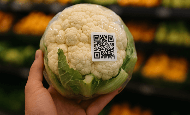 Close-up of a hand holding a cauliflower with a QR code label in a grocery store