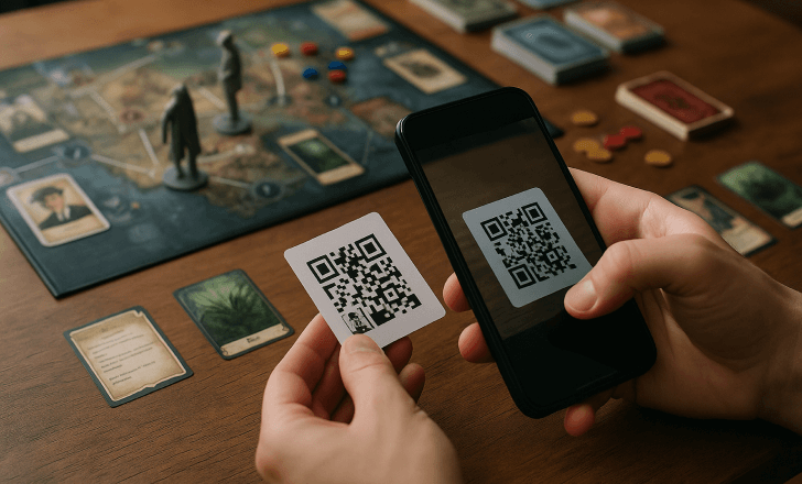 Close-up of a player scanning a QR code card during a mystery-themed board game with cards and miniatures