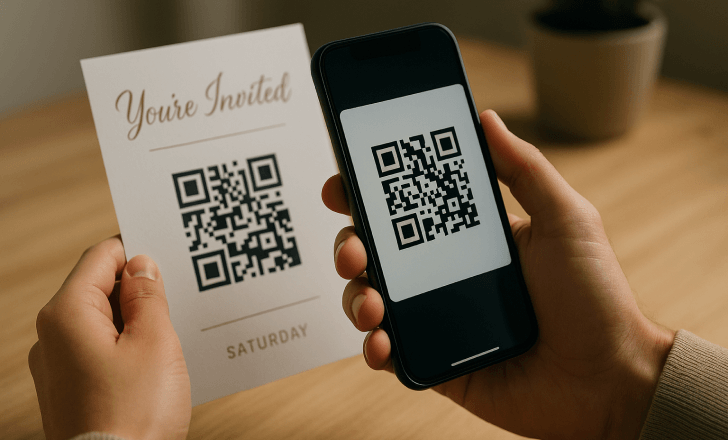 Close-up of a smartphone scanning a QR code on a printed invitation card on a wooden table