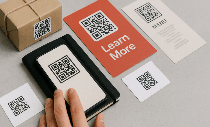 Collection of printed marketing materials including packaging, flyers, business cards, and menus with QR codes