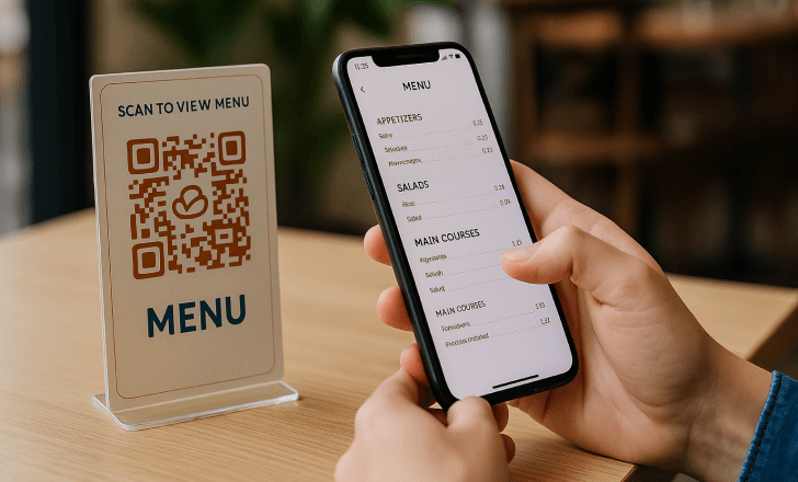 Customer viewing a digital restaurant menu on their phone after scanning a QR code on a table stand.