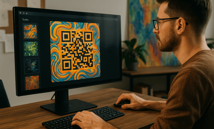Designer creating an artistic QR code on a computer screen using AI software in a creative workspace.