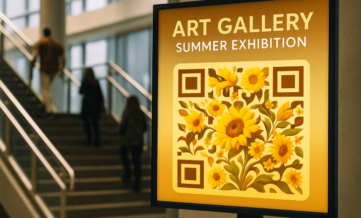 Digital signage in a modern lobby featuring an artistic AI-generated QR code with sunflower motifs for an art gallery summer exhibition.