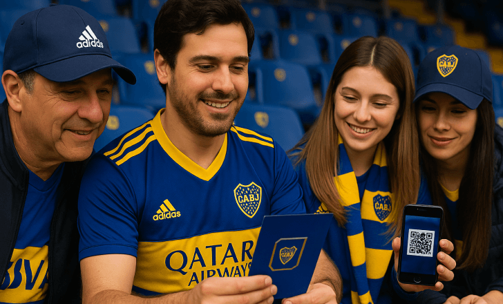 Four Boca Juniors fans in the stadium scan a QR code on a flyer together smiling and engaged