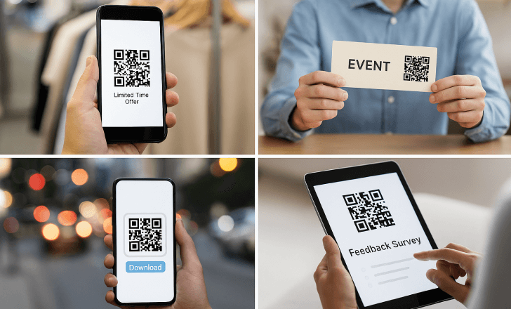 Four scenarios showing QR codes used for retail offers, event access, app downloads, and feedback surveys
