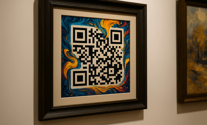 Framed artwork of a colorful QR code surrounded by vibrant AI-generated swirls, displayed on a modern gallery wall
