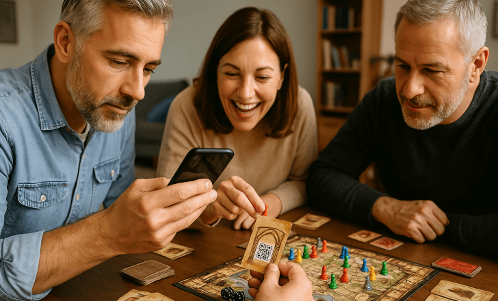Group of adult players scanning a QR code on a vintage-style card during a strategic board game session