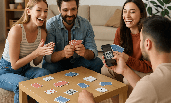 Group of friends playing a casual card game while scanning a QR code for bonus or optional content