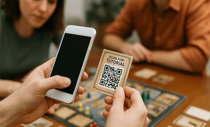 Group of players scanning a QR code tutorial card during a board game to learn how to play
