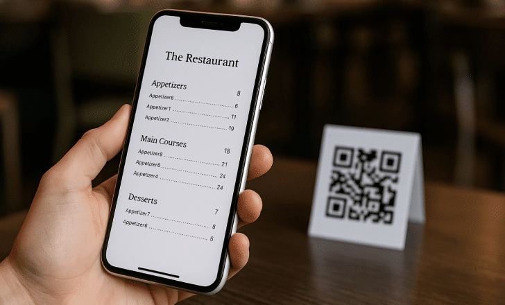 Hand holding a smartphone displaying a digital restaurant menu after scanning a tabletop QR code.