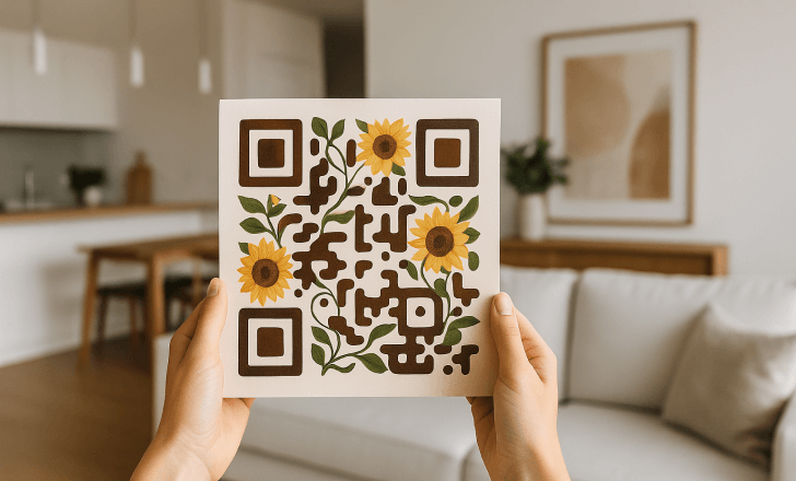 Hands holding a sunflower-themed artistic QR code in a modern living room