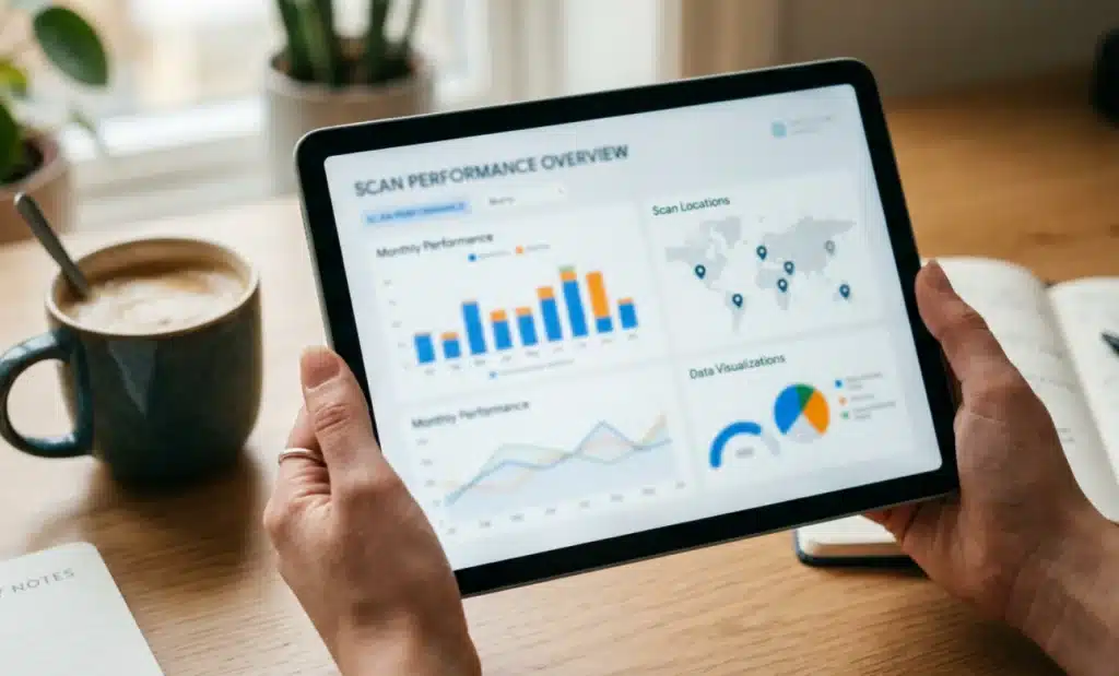 AI-generated QR codes: Everything you need to know to create and use them 2 Hands holding a tablet showing a blurred QR code analytics dashboard.
