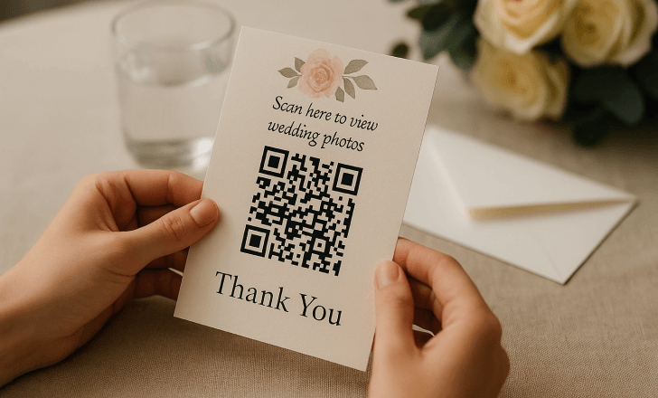 Hands holding a thank-you card with a QR code and instructions to view wedding photos