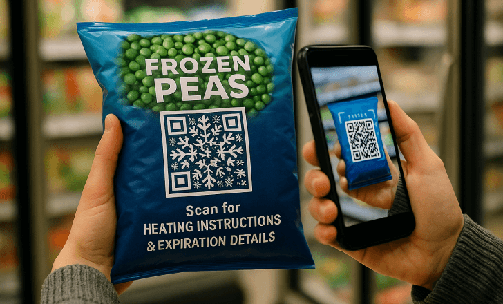 Holding a bag of frozen peas with a snowflake-themed QR code.