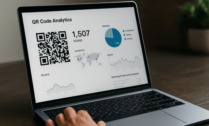 Laptop screen showing QR code analytics with graphs, pie chart, scan count, and location map