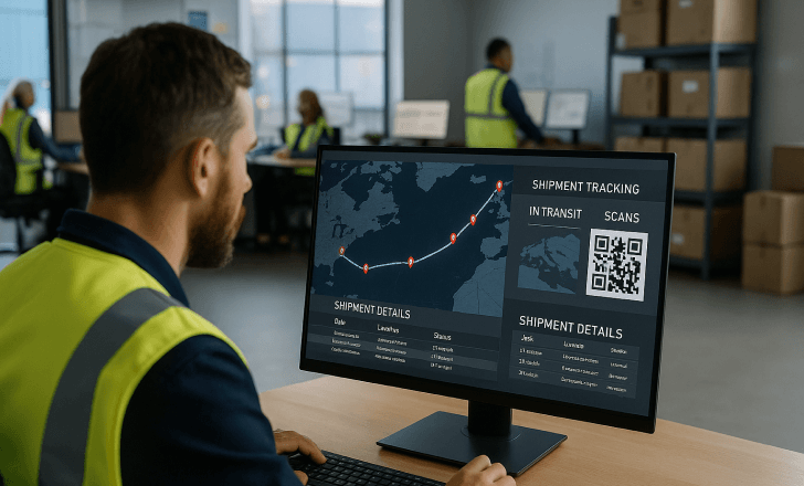 Logistics operations manager monitors real-time shipment tracking on large digital screens in a modern control center.
