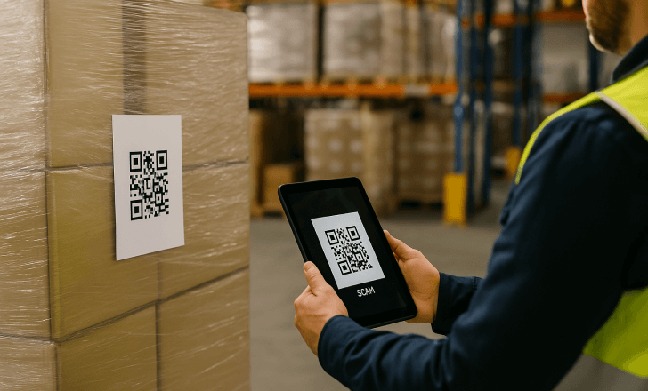 Logistics worker scans a QR code on a plastic-wrapped pallet using a tablet in a well-lit warehouse.