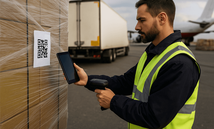 Logistics worker scans a QR code on a shipping document while standing on an airport tarmac near cargo containers and a transport plane.