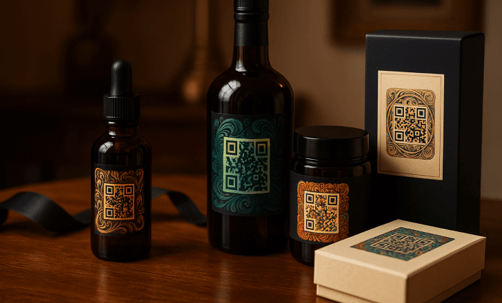 Luxury product packaging with bottles and boxes featuring artistic QR code labels in elegant designs.