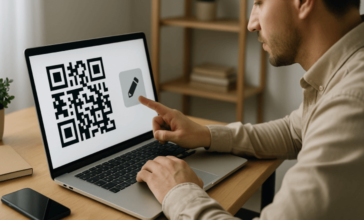 Man pointing at a pencil icon next to a QR code on a laptop screen in a home office setting