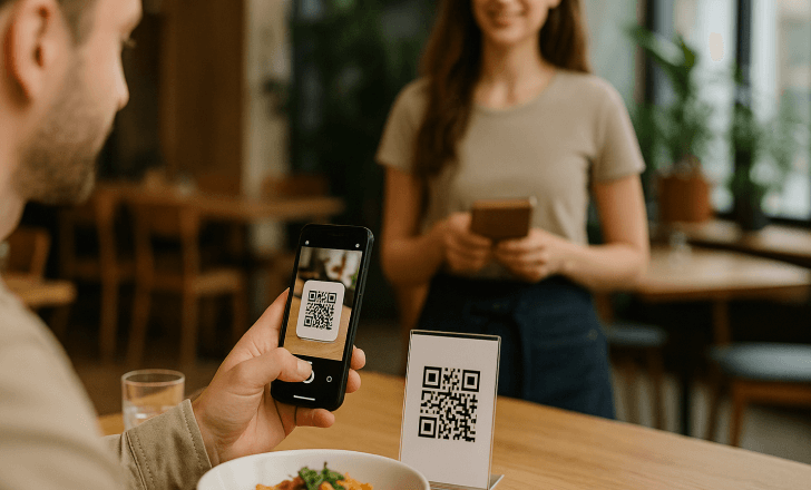 Man scanning a QR code menu in a restaurant with pasta and a waitress in the background