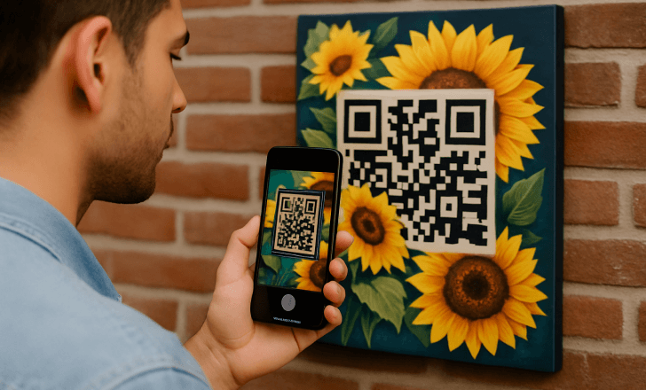 Man scanning a sunflower-themed artistic QR code on a painting mounted on a brick wall.