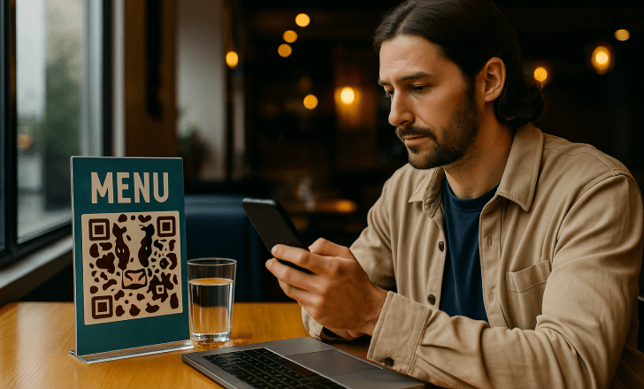 Man scanning an artistic AI-generated QR code on a restaurant menu with his smartphone, seated at a wooden table with a laptop and glass of water.