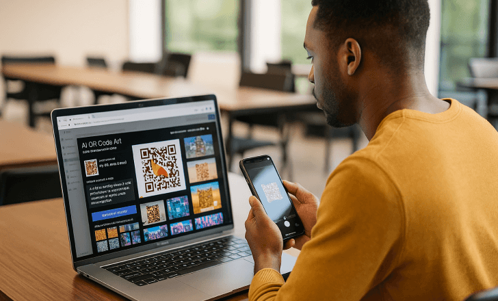 Man scanning an artistic AI-generated QR code on his smartphone while using an AI QR code generator interface on his laptop in a coworking space.