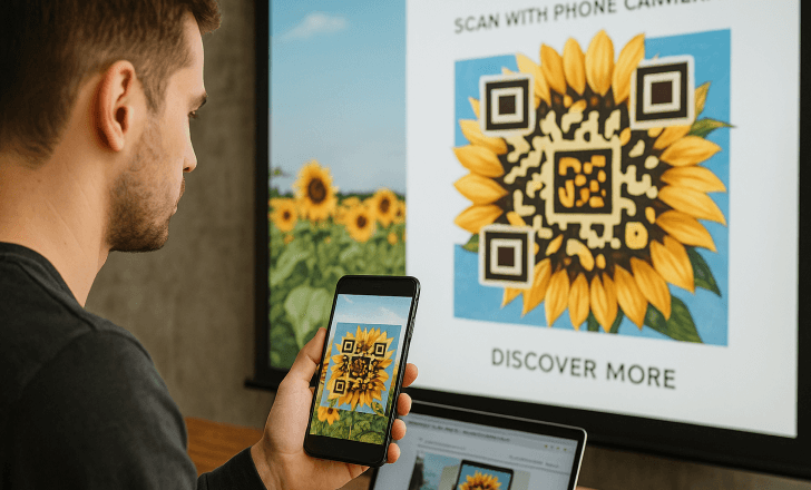 Man scanning an artistic AI-generated sunflower QR code projected on a large presentation screen with his smartphone.