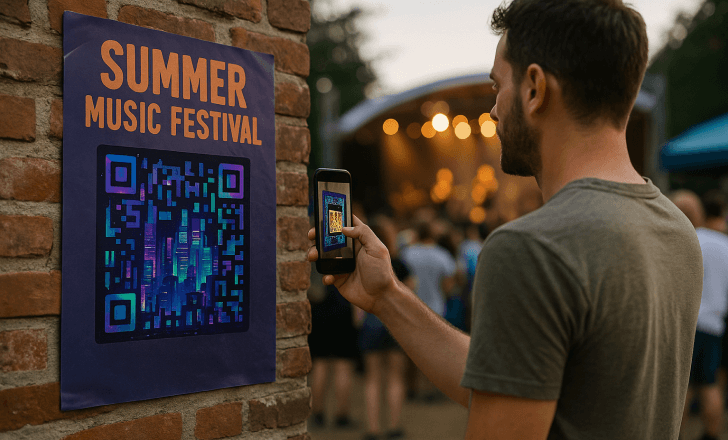 Man scanning an artistic QR code on a concert poster at an outdoor summer music festival.