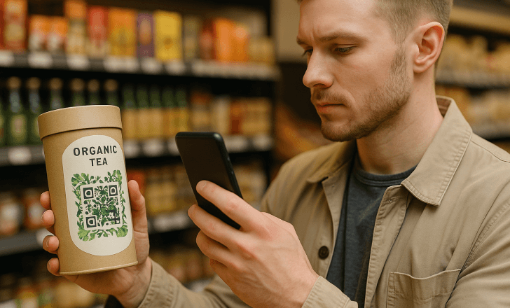 Man scanning an artistic QR code on organic tea packaging with his smartphone in a grocery store.