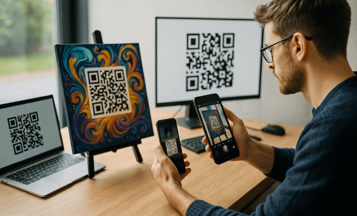Man testing the scannability of an artistic QR code displayed on multiple devices in a workspace.