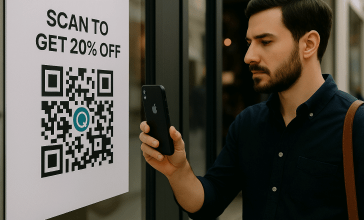 Man using his smartphone to scan a QR code on a storefront poster, showing the back of the phone.