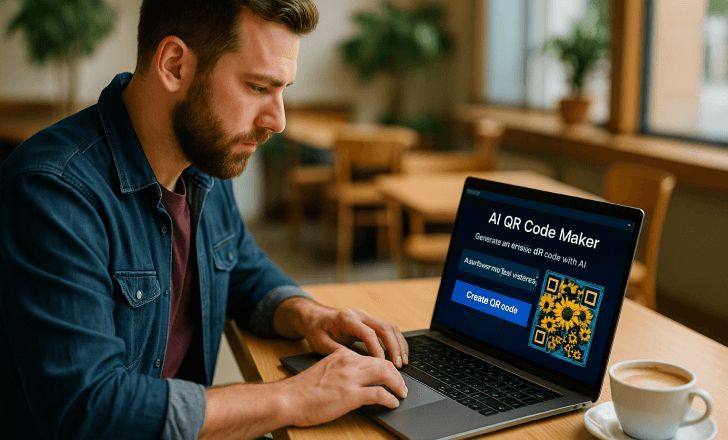 Man using laptop to create AI powered QR codes in café