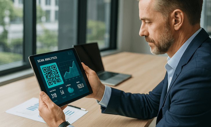 Manager checking dynamic QR code analytics on tablet