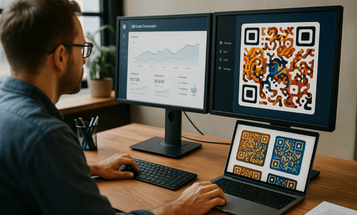 Marketer managing AI QR code campaigns on multiple screens showing analytics and artistic QR designs in a modern office.