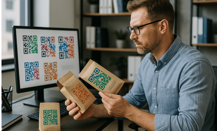 Marketer reviewing packaging designs featuring AI-generated QR codes
