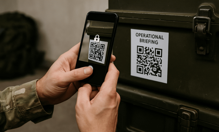 Military personnel scanning a QR code labeled operational briefing on a field case