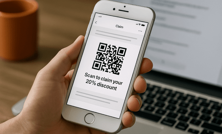 Mobile phone showing an email with a QR code and the text “Scan to claim your 20% discount” in front of a laptop