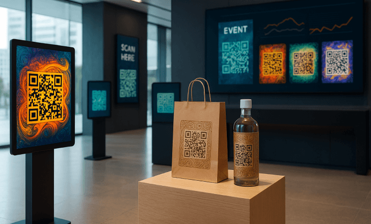 Modern showroom displaying AI-generated QR codes on digital screens and product packaging, highlighting trends in physical spaces.