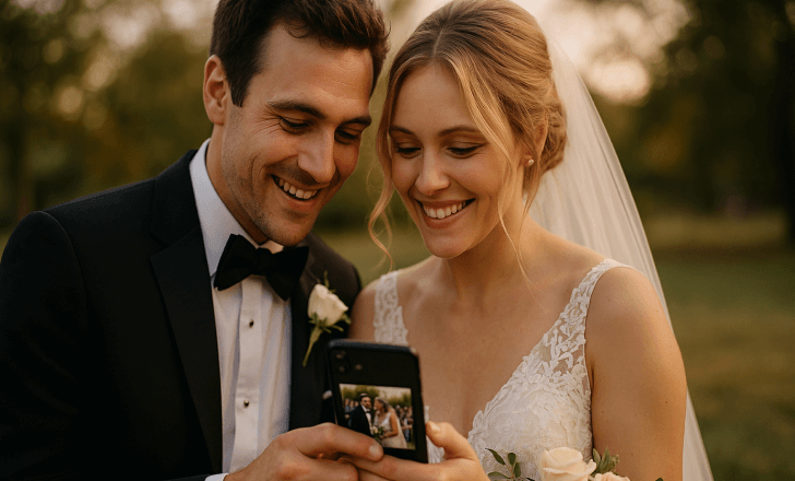 Newlywed couple smiling while viewing wedding photos on a phone in the golden hour light