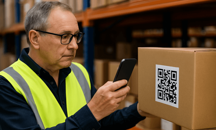 Older male warehouse worker in a reflective vest scans a QR code on a box using his smartphone in a well-organized storage facility.