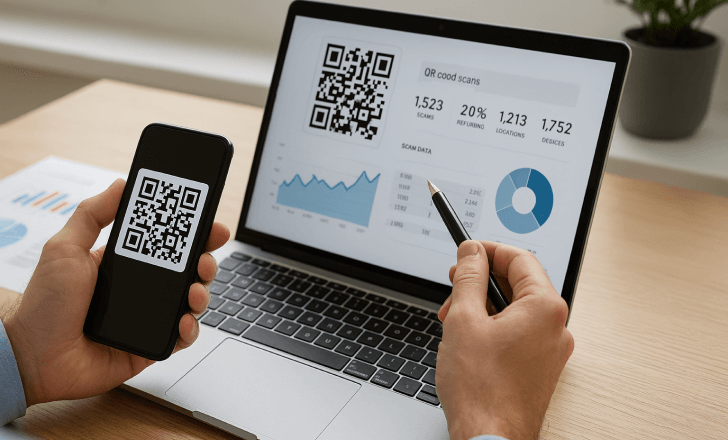 Person analyzing QR code scan data on a laptop while holding a smartphone displaying a QR code