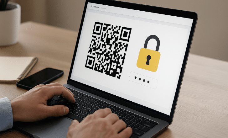 Person creating a password-protected QR code on a laptop at a desk