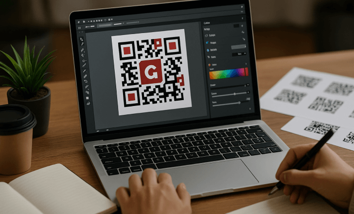 Person customizing a QR code on a laptop using a design tool, surrounded by notes and printed QR sheets.