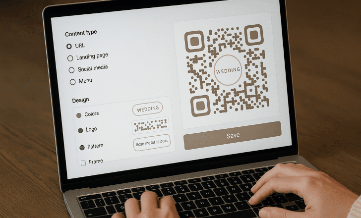 Person customizing a wedding QR code on a laptop with content type and design options visible on screen